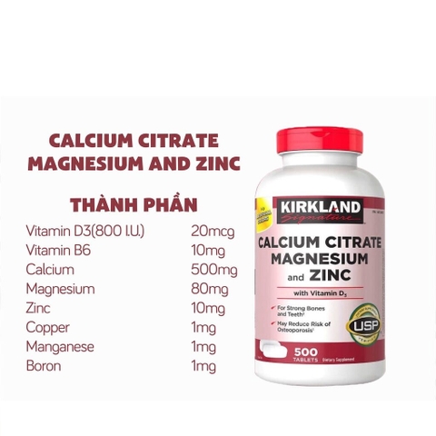 Viên uống chắc xương Kirkland Signature Calcium Citrate Magnesium And Zinc 500mg hộp 500 viên