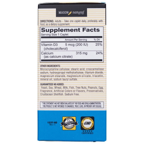 Viên uống canxi hữu cơ Mason Natural Calcium Citrate + D3 hỗ trợ xương chắc khỏe, phòng ngừa loãng xương 60 viên