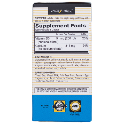 Viên uống canxi hữu cơ Mason Natural Calcium Citrate + D3 hỗ trợ xương chắc khỏe, phòng ngừa loãng xương 60 viên