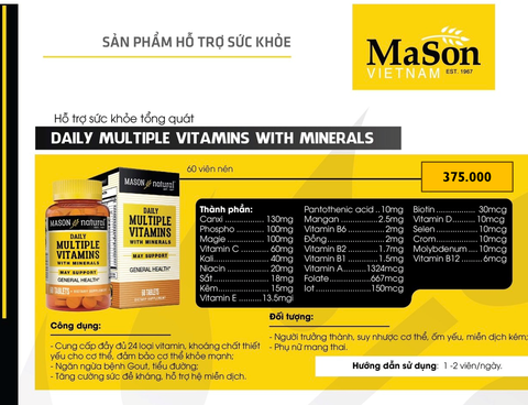 Viên vitamin và khoáng tổng hợp Mason Natural Daily Multiple Vitamins With Minerals 60 viên