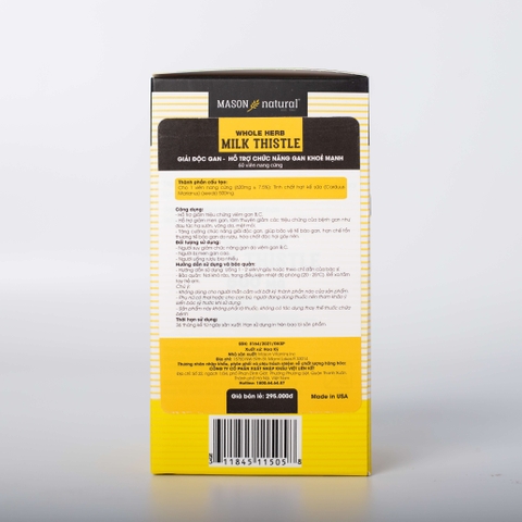 Viên Uống Bổ Gan Mason Natural Milk Thistle 500mg Lọ 60 Viên Hỗ Trợ Giải Độc, Bổ Gan, Cải Thiện Chức Năng Gan