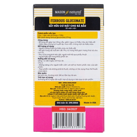 Mason Natural Ferrous Gluconate 50 viên – Sản phẩm bổ sung sắt hữu cơ