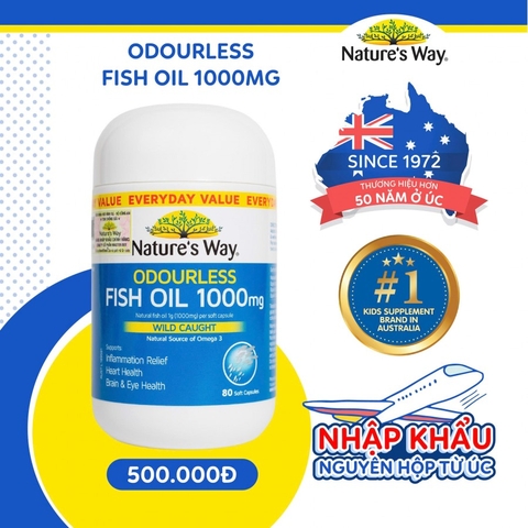Viên uống dầu cá Nature's Way Odourless fish oil 1000mg - Dầu cá thiên nhiên không mùi (Hộp 80 viên)