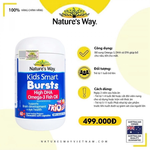 Viên nhai dầu cá ba màu Nature's Way kids smart bursts high DHA omega-3 fish Oil trio hỗ trợ tốt cho não bộ và mắt cho bé 60 viên