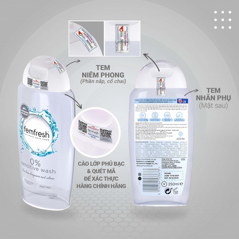 Dung dịch vệ sinh phụ nữ cao cấp cho da nhạy cảm Femfresh 0% Sensitive Wash 250ml