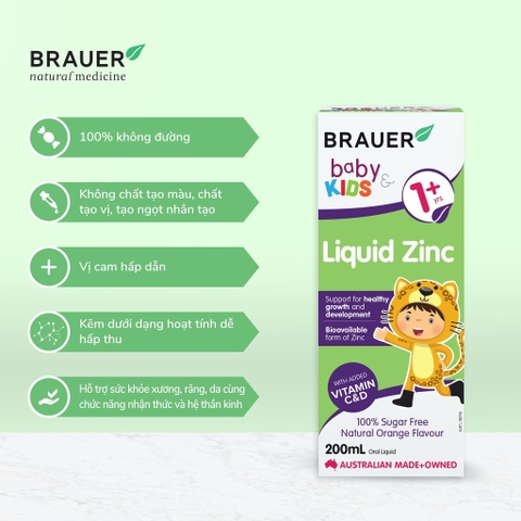 Siro bổ sung kẽm Brauer Baby Kids Liquid 200mL hỗ trợ trẻ biếng ăn cho trẻ từ 1 tuổi