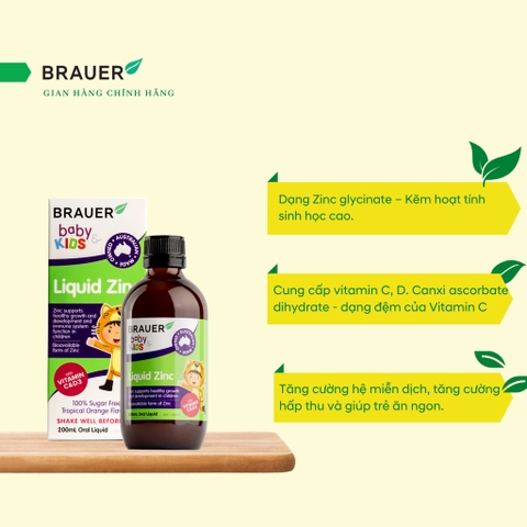 Siro bổ sung kẽm Brauer Baby Kids Liquid 200mL hỗ trợ trẻ biếng ăn cho trẻ từ 1 tuổi