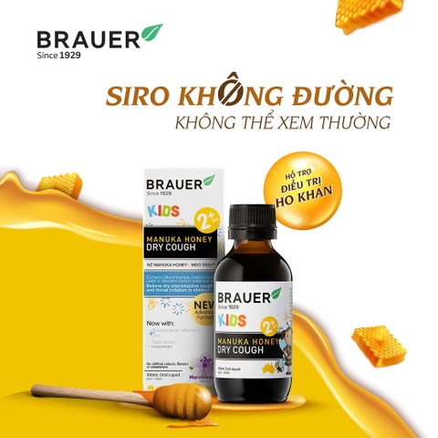 Siro giảm ho khan Brauer Kids Manuka Honey Dry Cough 100ml cho trẻ từ 2 tuổi trở lên