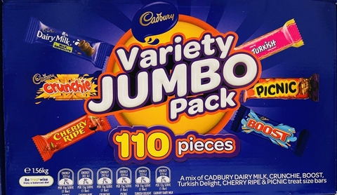 Socola mix Cadbury Variety Jumbo Chocolate Box 1.56kg là tuyển chọn 110 thanh sô cô la thơm ngon, bao gồm các loại được yêu thích phổ biến như Dairy Milk, Crunchie, Cherry Ripe, Turkish Delight, Picnic và Boost