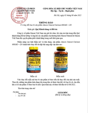 Mason Natural Calcium 600mg + D3 - Bổ sung canxi cho cơ thể 100 viên