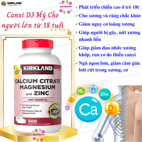 Viên uống chắc xương Kirkland Signature Calcium Citrate Magnesium And Zinc 500mg hộp 500 viên