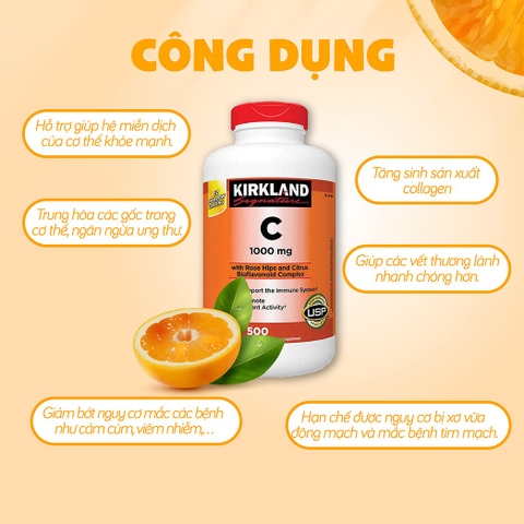 Vitamin C 1000mg Kirkland Signature hỗ trợ tăng đề kháng hộp 500 viên