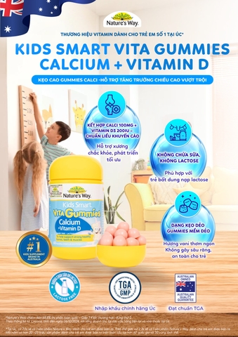 Calcium Vitamin D  Kẹo Dẻo Cho Bé Nature’s Way Kids Smart Vita Gummies hộp 60 Viên Tăng chiều cao