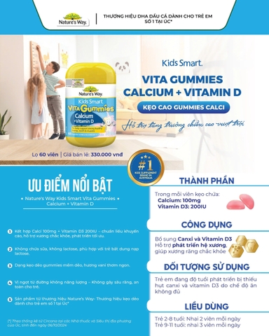 Calcium Vitamin D  Kẹo Dẻo Cho Bé Nature’s Way Kids Smart Vita Gummies hộp 60 Viên Tăng chiều cao