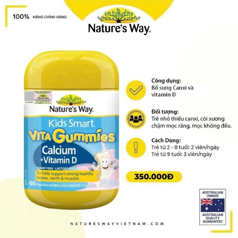 Calcium Vitamin D  Kẹo Dẻo Cho Bé Nature’s Way Kids Smart Vita Gummies hộp 60 Viên Tăng chiều cao