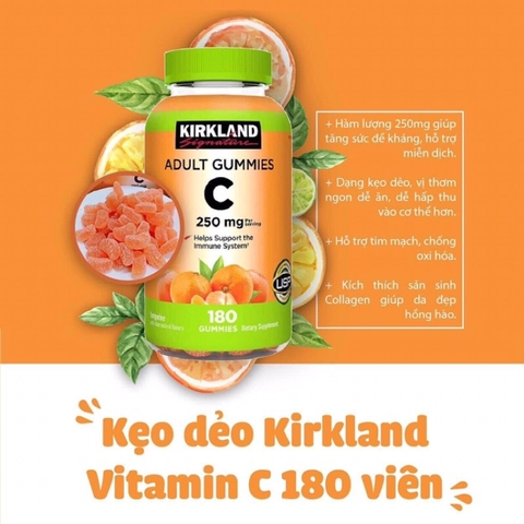 Kẹo dẻo bổ sung vitamin c adult gummies c Kirkland Signature 250mg 180 viên tăng sức đề kháng, sáng da, làm chậm quá trình lão hóa