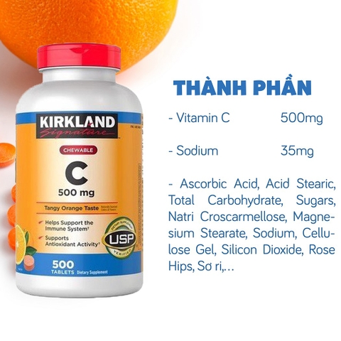 Viên nhai Vitamin C Kirkland Signature 500mg hỗ trợ làm đẹp da, tăng đề kháng 500 viên