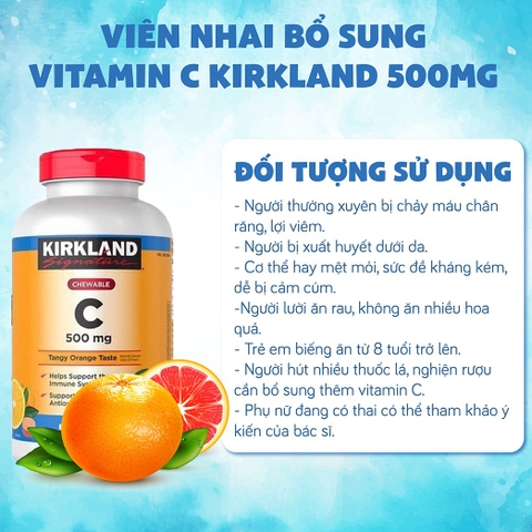 Viên nhai Vitamin C Kirkland Signature 500mg hỗ trợ làm đẹp da, tăng đề kháng 500 viên