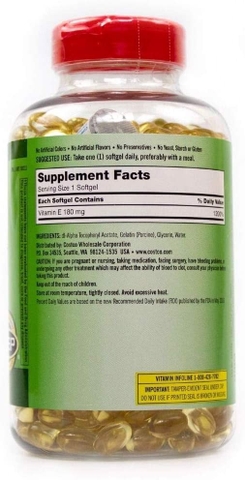 Viên uống vitamin E 400IU Kirkland Signature trắng sáng da, ngừa lão hóa hộp 500 viên