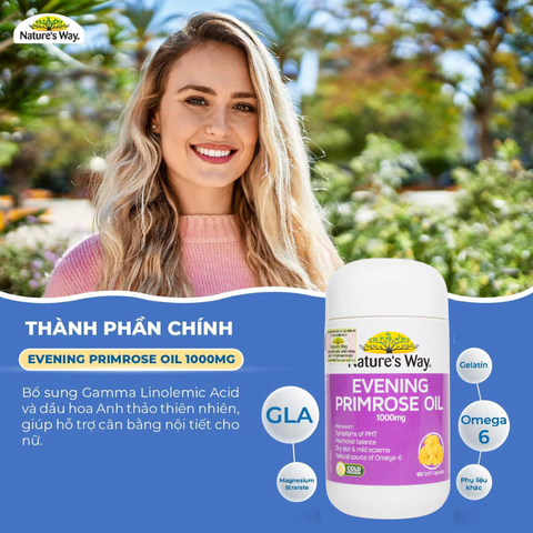 Tinh dầu hoa Anh Thảo Nature's Way evening primrose oil hỗ trợ cân bằng nội tiết tố nữ 60 viên