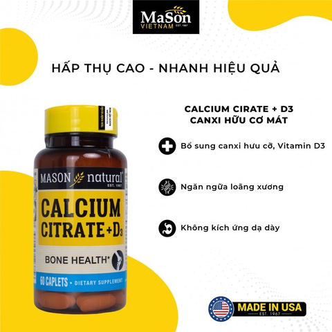 Viên uống canxi hữu cơ Mason Natural Calcium Citrate + D3 hỗ trợ xương chắc khỏe, phòng ngừa loãng xương 60 viên