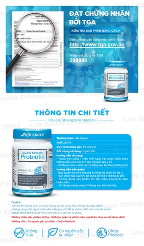 Men vi sinh Life Space Double Strength hỗ trợ tiêu hóa khỏe mạnh và hỗ trợ tăng cường sức đề kháng lọ 30 viên
