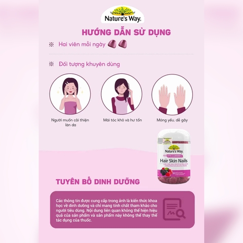Nature’s Way Adult Vita Gummies Hair Skin Nails – Bổ sung Vitamin C, E, Biotin và kẽm hỗ trợ da, tóc móng khỏe mạnh