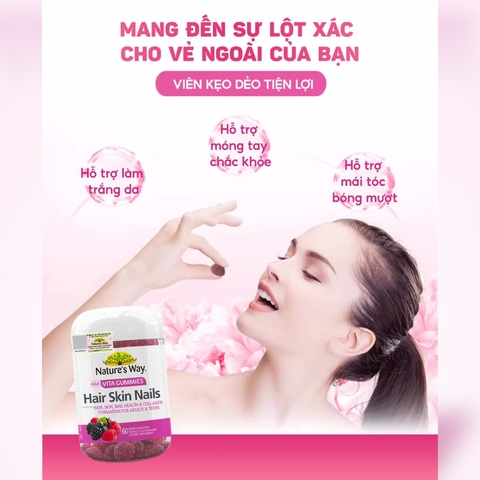 Nature’s Way Adult Vita Gummies Hair Skin Nails – Bổ sung Vitamin C, E, Biotin và kẽm hỗ trợ da, tóc móng khỏe mạnh