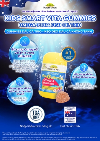 Kẹo dẻo Nature's Way Kids Smart Vita Gummies Omega-3 DHA Fish Oil hỗ trợ sức khoẻ não Và mắt cho bé 60 viên