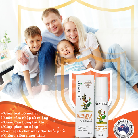 Xịt keo ong Vitatree Super Propolis Spray Complex With Manuka 15+ hỗ trợ giảm ho chai 30ml