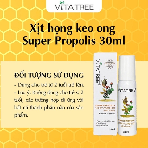 Xịt keo ong Vitatree Super Propolis Spray Complex With Manuka 15+ hỗ trợ giảm ho chai 30ml