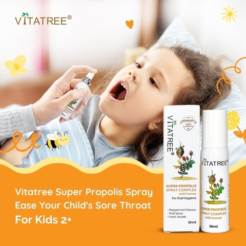 Xịt keo ong Vitatree Super Propolis Spray Complex With Manuka 15+ hỗ trợ giảm ho chai 30ml