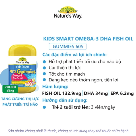 Kẹo dẻo Nature's Way Kids Smart Vita Gummies Omega-3 DHA Fish Oil hỗ trợ sức khoẻ não Và mắt cho bé 60 viên