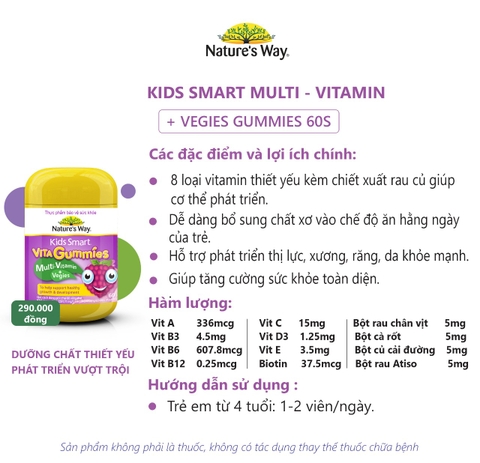 Kẹo dẻo bổ sung vitamin từ rau Nature's Way Vita Gummies Multivitamin+Vegies cho bé 60 viên bổ sung chất xơ cho bé phát triển toàn diện