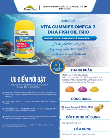 Kẹo dẻo Nature's Way Kids Smart Vita Gummies Omega-3 DHA Fish Oil hỗ trợ sức khoẻ não Và mắt cho bé 60 viên