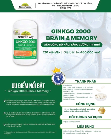 Bổ não ginkgo biloba nature's way 2000mg giúp tăng tuần hoàn máu não, giảm đau đầu 120 viên/hộp