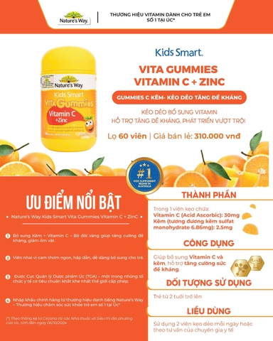 Kẹo Dẻo Nature's Way Kids Smart Vita Gummies Vitamin C+ ZinC – Bổ sung kẽm và vitamin C tăng sức đề kháng cho trẻ