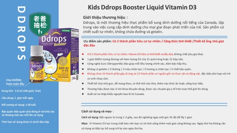 Kids Ddrops Booster Liquid Vitamin D3 600 IU bổ sung vitamin d3 dạng giọt cho bé 1-18 tuổi