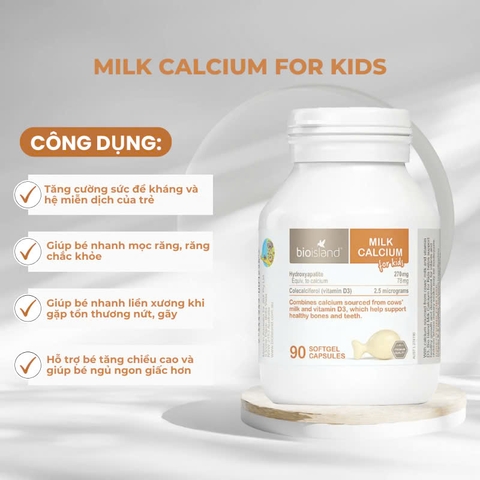 Bio Island Milk Calcium For Kids 90 viên bổ sung canxi + d3 cho bé từ 7 tháng tuổi