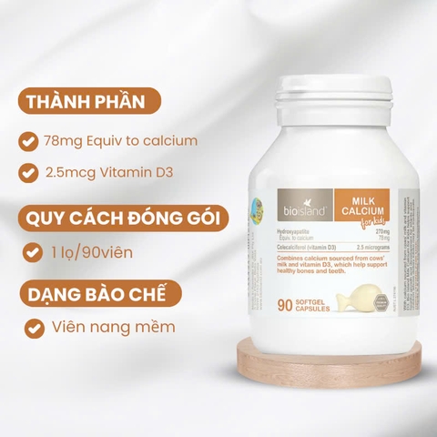 Bio Island Milk Calcium For Kids 90 viên bổ sung canxi + d3 cho bé từ 7 tháng tuổi