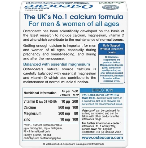 Vitabiotics Osteocare Calcium Magnesium Vitamin D Zinc 30tables