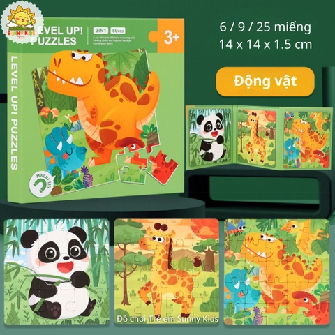 Đồ Chơi Gỗ Thông Minh Tranh Ghép Hình 3 in 1, Đồ Chơi Trí Tuệ Cho Bé Từ 1-3 Tuổi, Sách Ghép Tranh 3 Cấp Độ - Sunny Kids