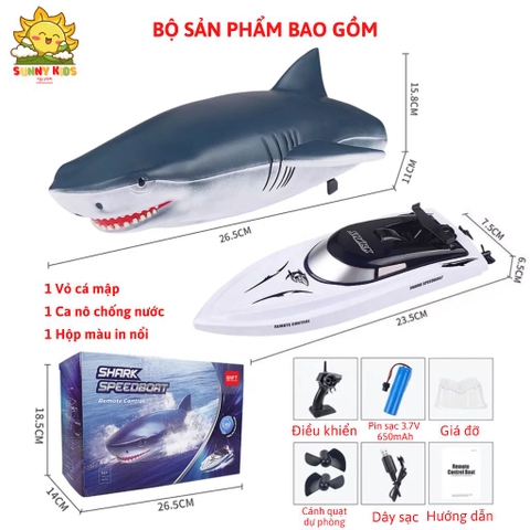 Đồ chơi Cano điều khiển từ xa JJRC RH705, Thiết kế 2 trong 1, Ca nô kèm vỏ Cá Mập độc lạ, PIN sạc, 2.4GHz - Sunny Kids