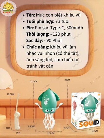 Đồ Chơi Con Mực Khiêu Vũ Thông Minh, Cảm Biến Tránh Vật Cản, Đèn LED Và Nhạc Vui Nhộn, Pin Sạc Type-C – Sunny Kids