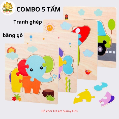 Bộ 5 Và 10 Tấm Tranh Lắp Ghép Bằng Gỗ, Đồ Chơi Gỗ Thông Minh, Bo Tròn Góc Cạnh, Chất Liệu An Toàn Cho Bé - Sunny Kids