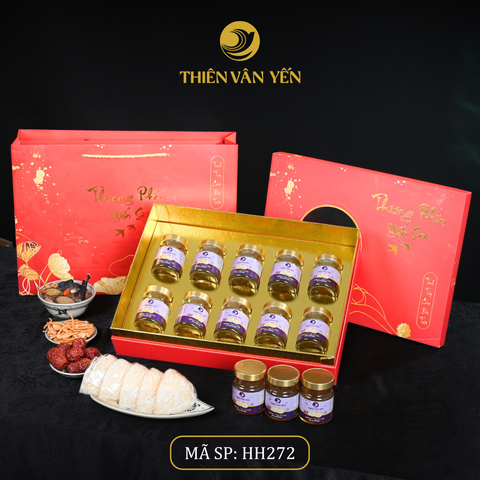 Hộp Quà Tặng 10 Hũ - Tổ Yến Chưng Saffron Tía Tô Đất 3G/ 9G - Đỏ Hoa Sen - Thiên Vân Yến