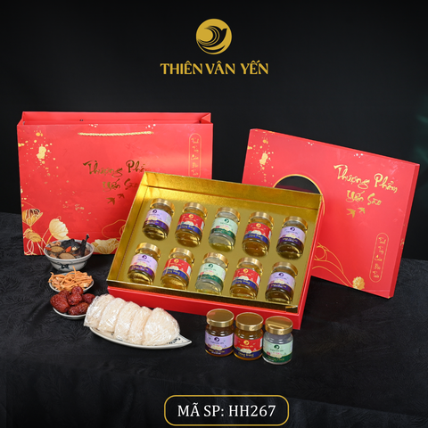 Hộp Quà Tặng 10 Hũ - Mix 3 Vị 3G (4ĐT, 2ĐP, 4SF) - Đỏ Hoa Sen - Thiên Vân Yến