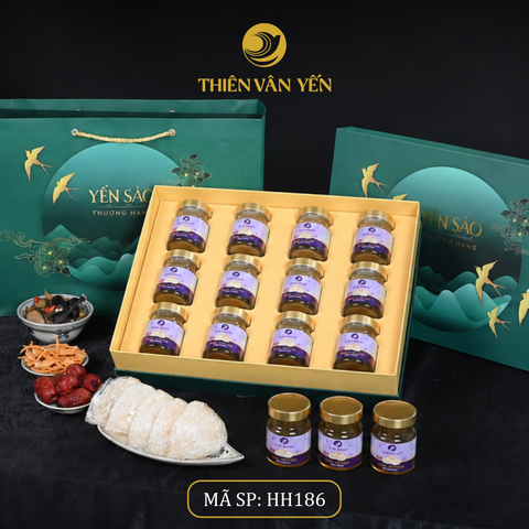 Hộp quà tặng 12 hũ - Thiên Vân Yến - Tổ yến chưng Tía tô đất Saffron 3g - Xanh