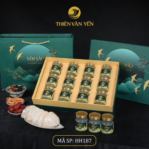 Hộp quà tặng 12 hũ - Thiên Vân Yến - Tổ yến chưng đường phèn 9g - Xanh