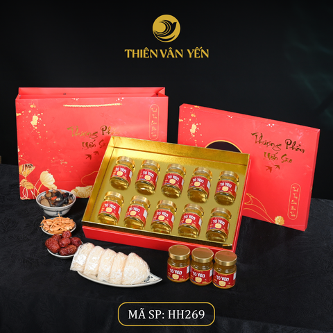 Hộp Quà Tặng 10 Hũ - Tổ Yến Chưng Đông Trùng 1G/ 3G/ 9G - Đỏ Hoa Sen - Thiên Vân Yến